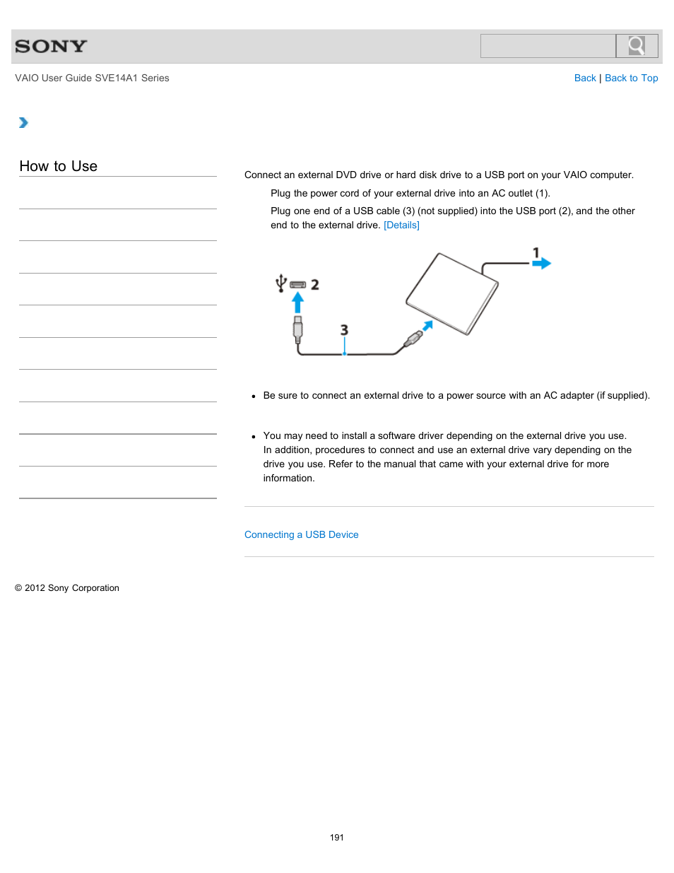 Connecting an external dvd drive, How to use | Sony SVE14A1HFXBC User Manual | Page 191 / 373