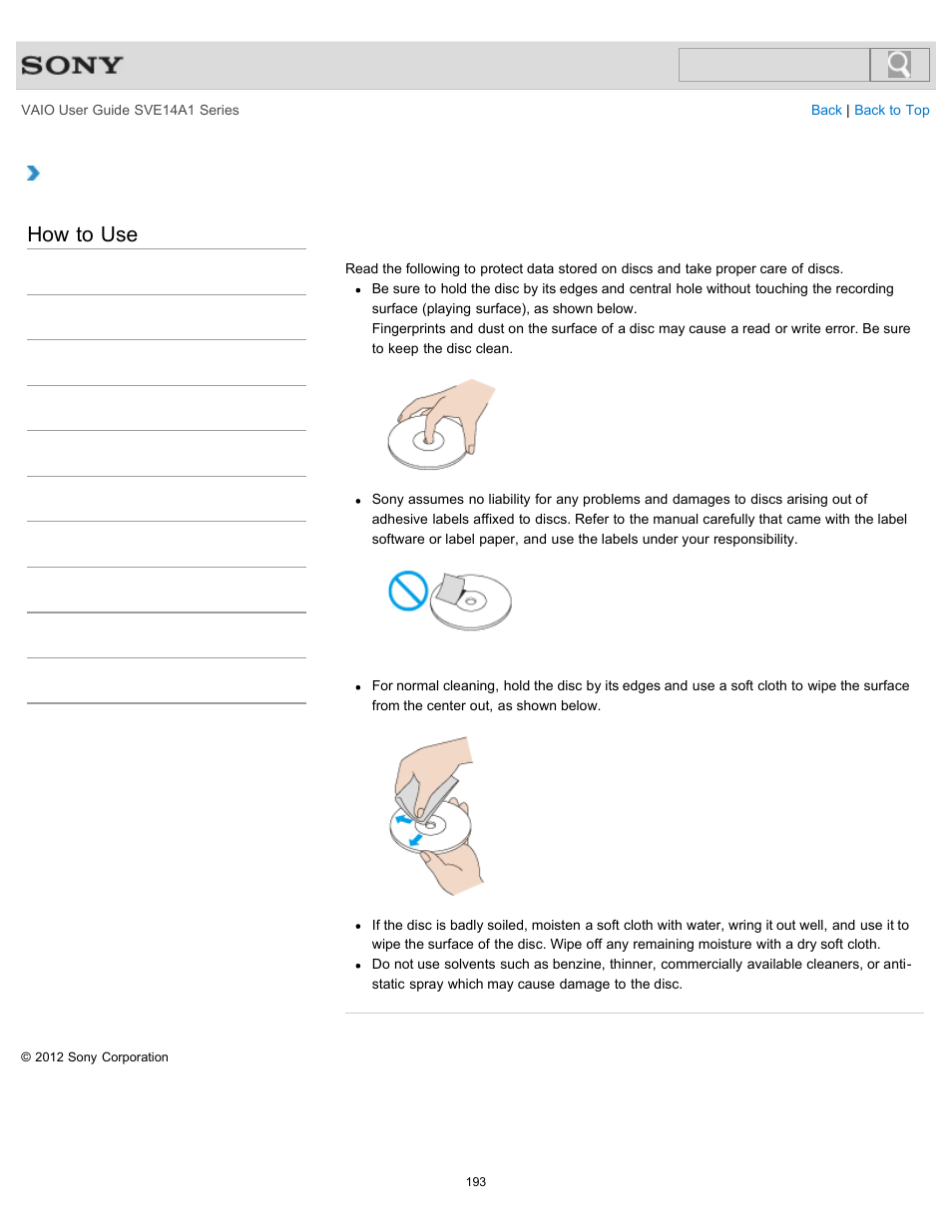 Handling discs<optical disc drive equipped models, How to use, Handling discs <optical disc drive equipped models | Sony SVE14A1HFXBC User Manual | Page 193 / 373