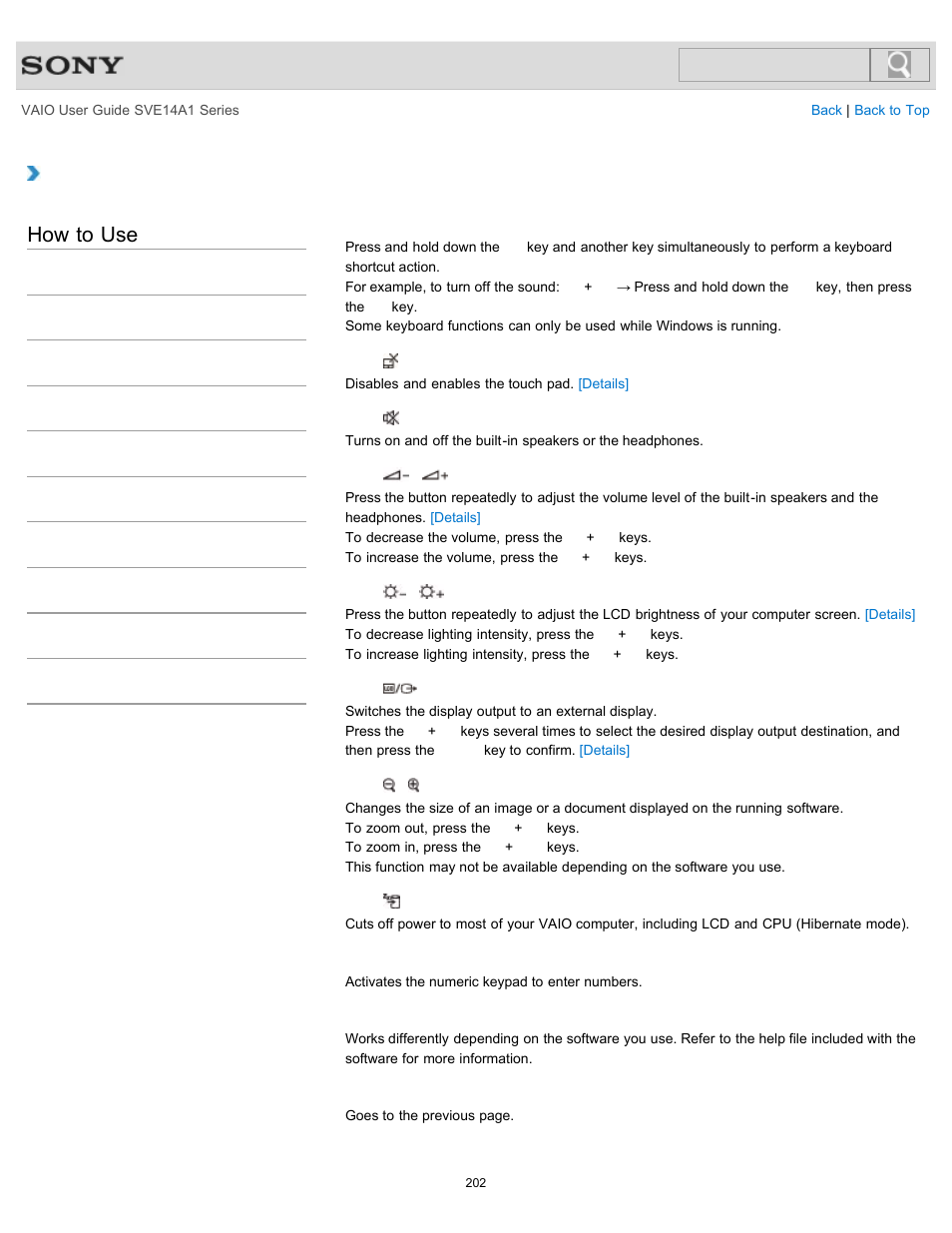 Combinations and functions with the fn key, How to use | Sony SVE14A1HFXBC User Manual | Page 202 / 373