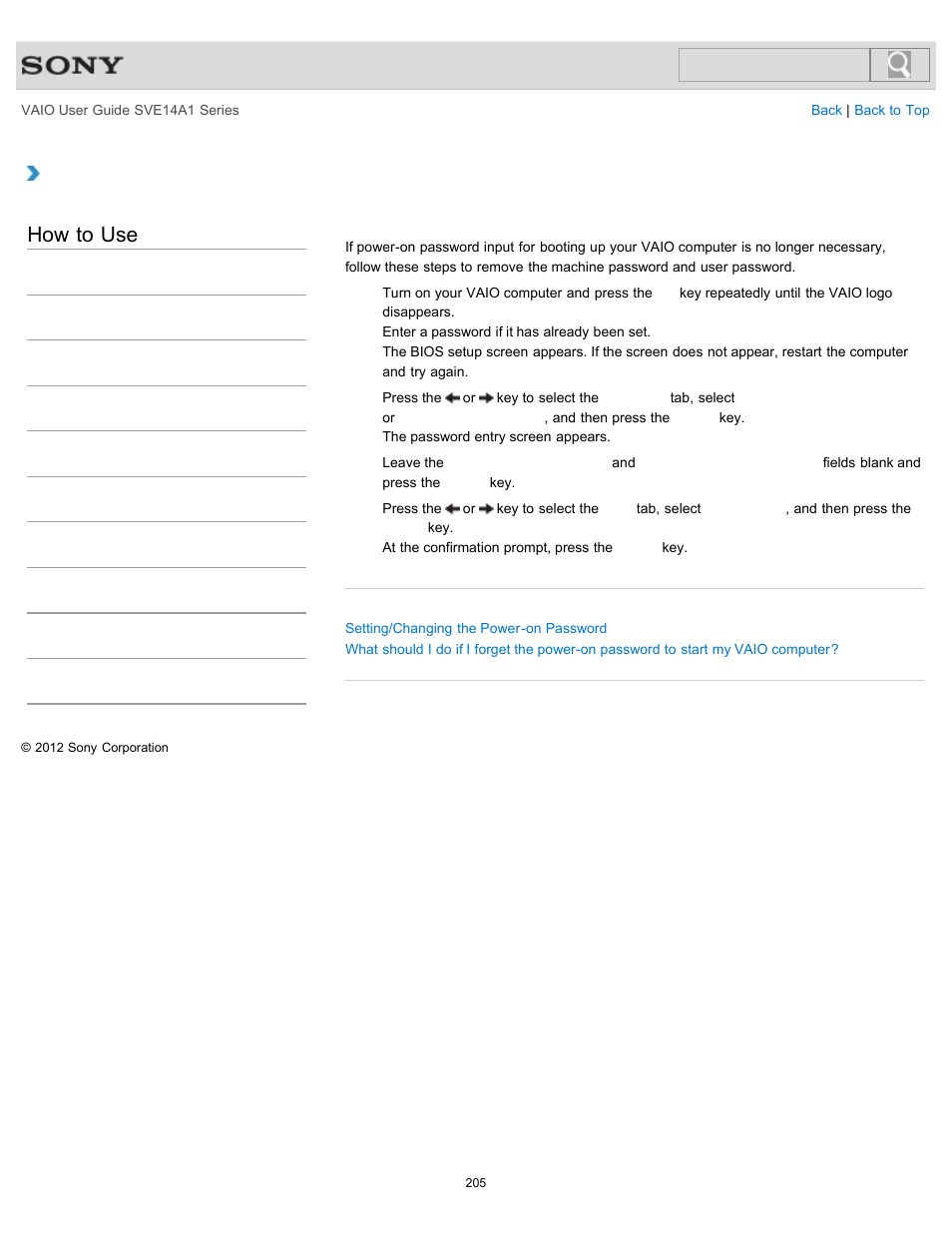 Removing the power-on password, How to use | Sony SVE14A1HFXBC User Manual | Page 205 / 373