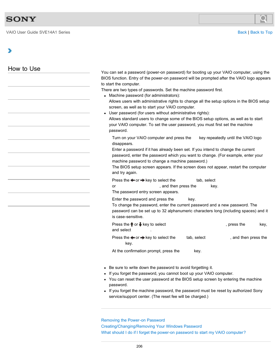 Setting/changing the power-on password, How to use | Sony SVE14A1HFXBC User Manual | Page 206 / 373