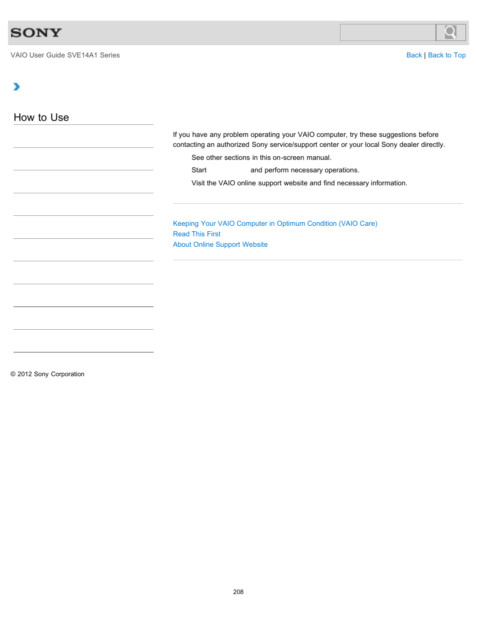 Solving common problems with your vaio computer, How to use | Sony SVE14A1HFXBC User Manual | Page 208 / 373