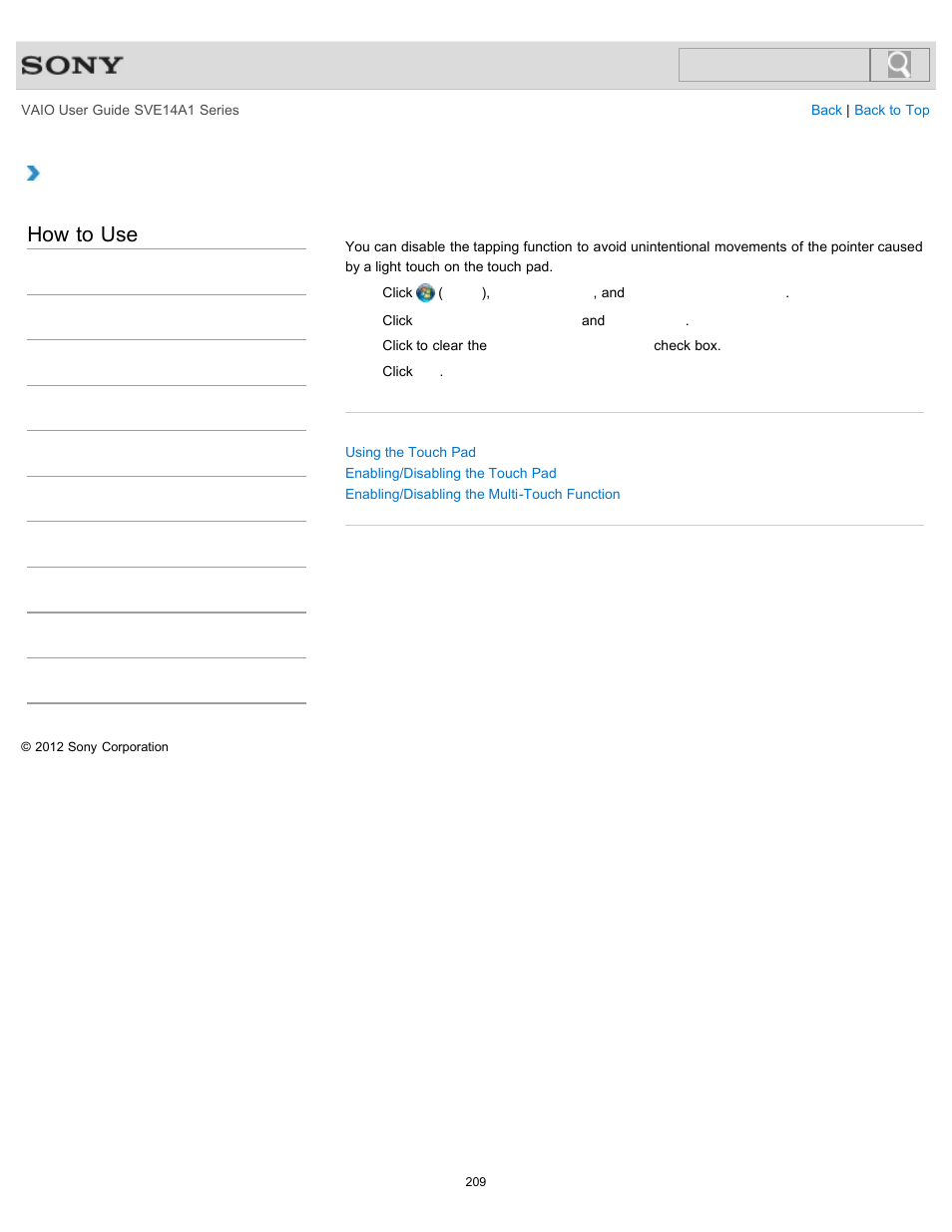 Disabling the tapping function on the touch pad, How to use | Sony SVE14A1HFXBC User Manual | Page 209 / 373