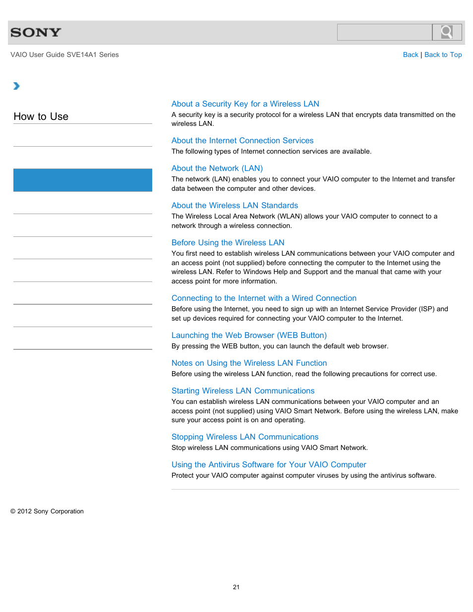 Internet, How to use | Sony SVE14A1HFXBC User Manual | Page 21 / 373