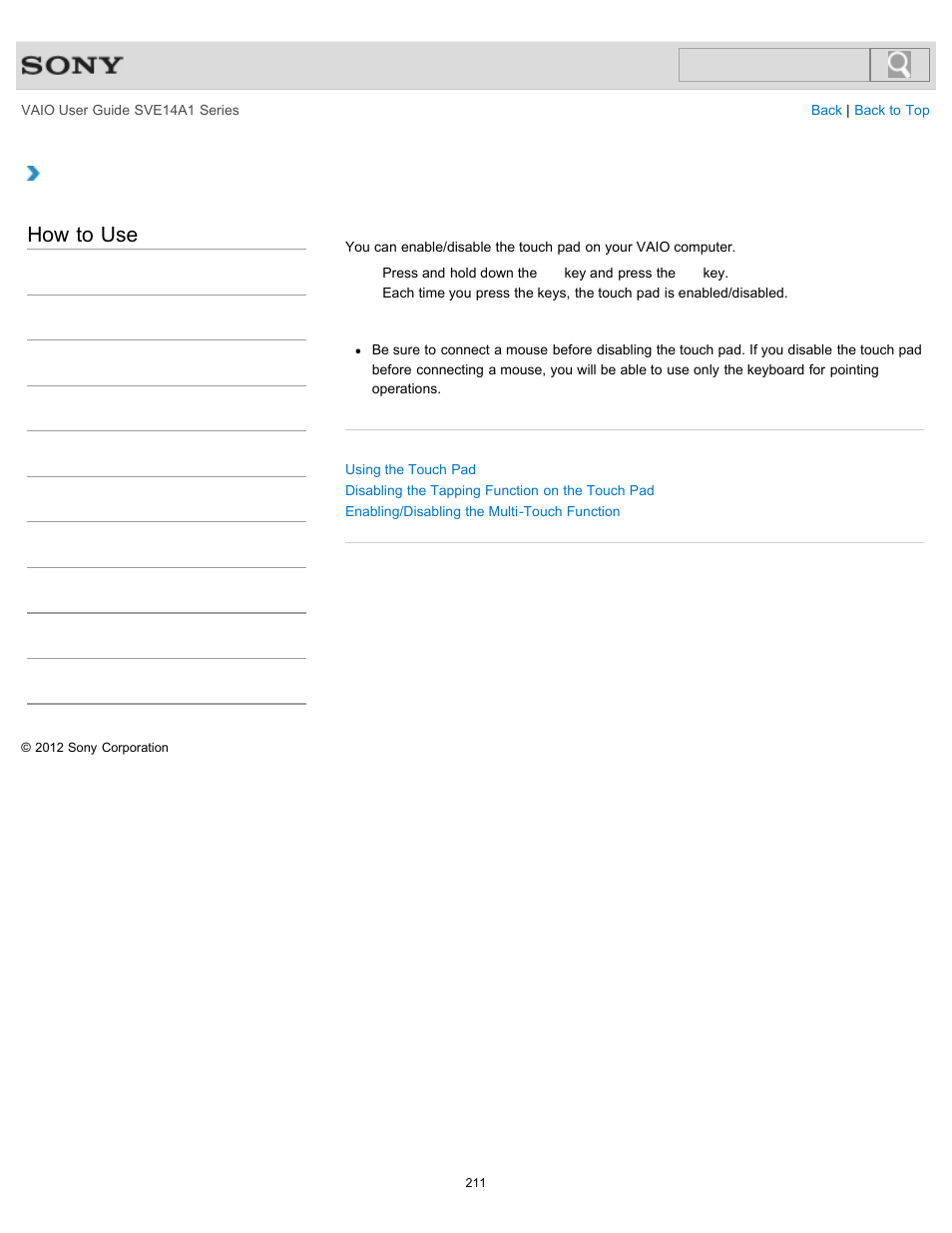 Enabling/disabling the touch pad, Details, How to use | Sony SVE14A1HFXBC User Manual | Page 211 / 373