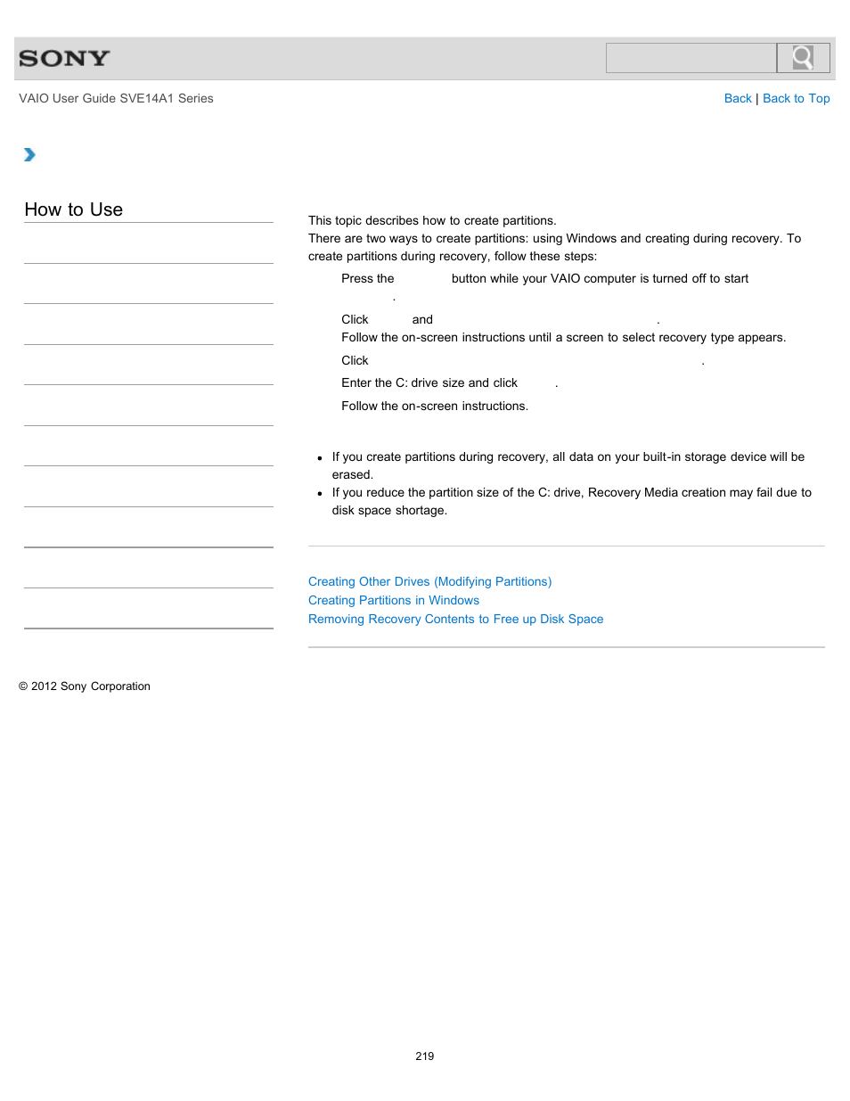 Creating partitions during recovery, Details, How to use | Sony SVE14A1HFXBC User Manual | Page 219 / 373