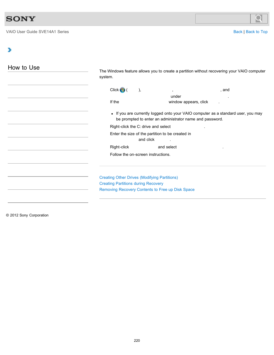 Creating partitions in windows, How to use | Sony SVE14A1HFXBC User Manual | Page 220 / 373