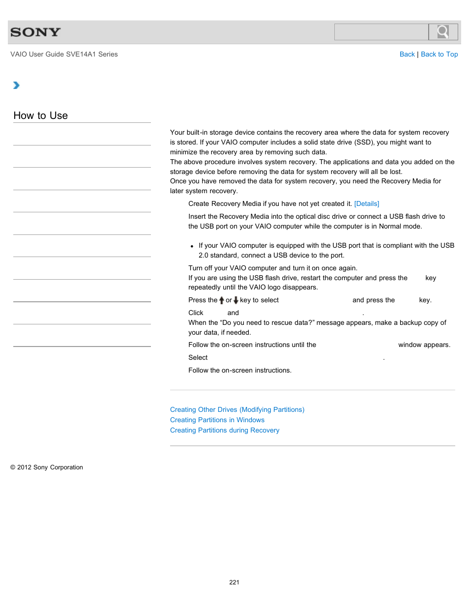 Removing recovery contents to free up disk space, How to use | Sony SVE14A1HFXBC User Manual | Page 221 / 373