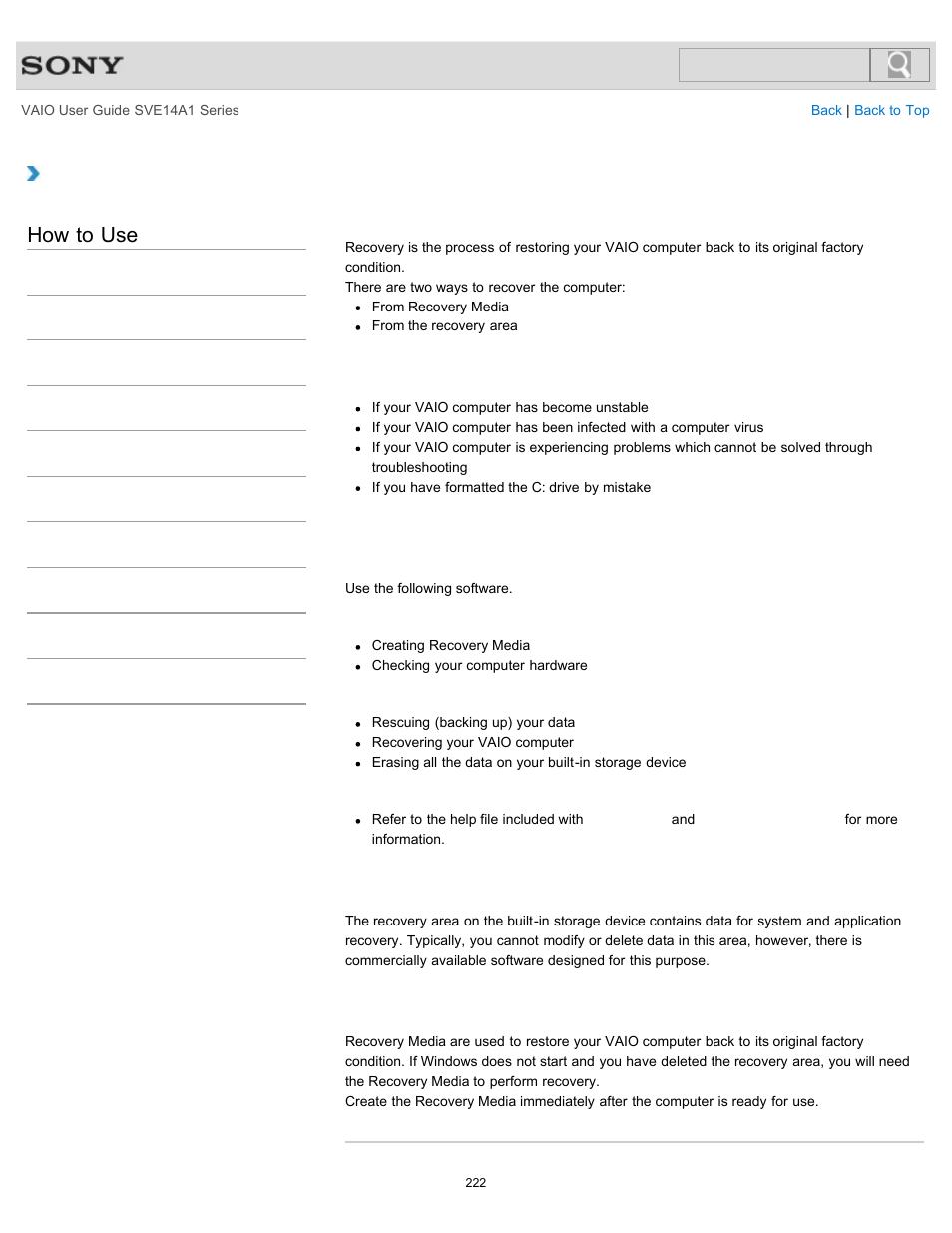 About recovery, How to use | Sony SVE14A1HFXBC User Manual | Page 222 / 373