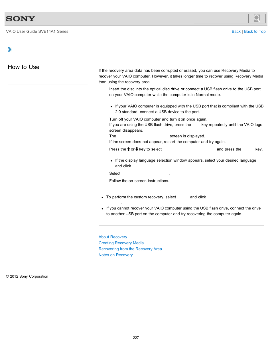 Recovering from recovery media, How to use | Sony SVE14A1HFXBC User Manual | Page 227 / 373