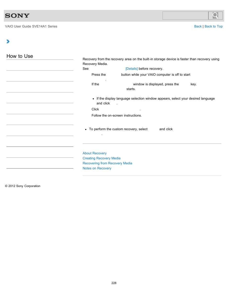 Recovering from the recovery area, Details, How to use | Sony SVE14A1HFXBC User Manual | Page 228 / 373