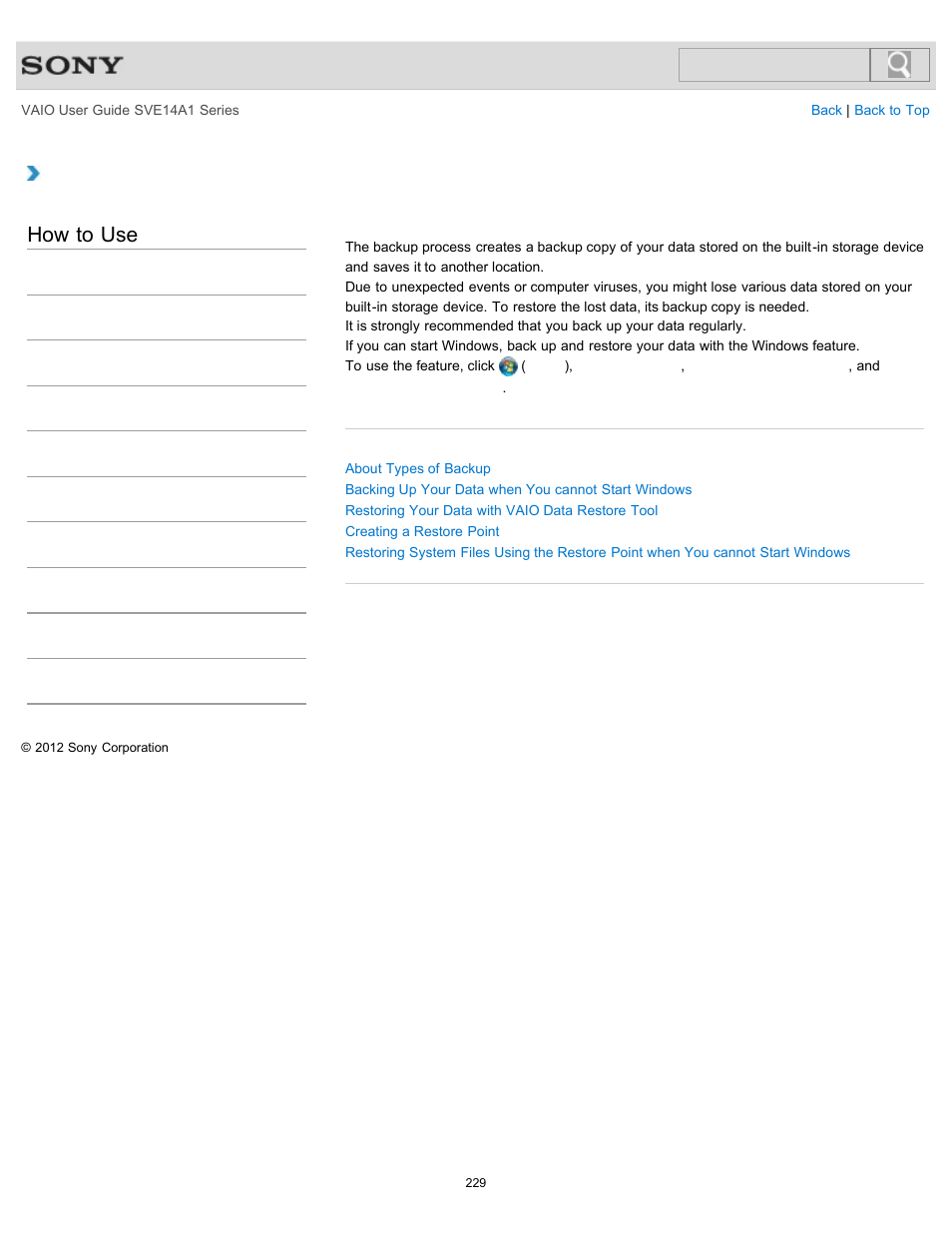 About backup, How to use | Sony SVE14A1HFXBC User Manual | Page 229 / 373