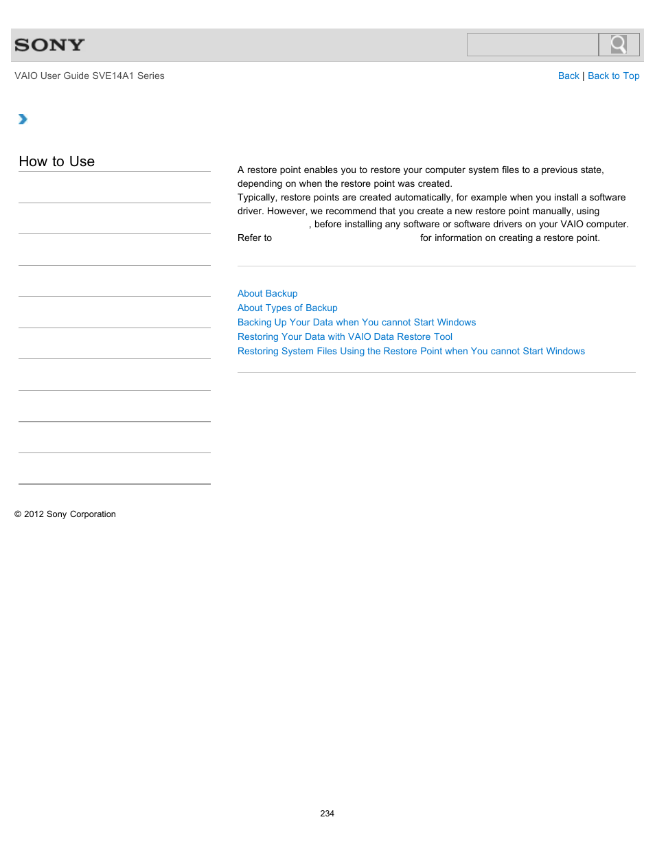 Creating a restore point, Details, How to use | Sony SVE14A1HFXBC User Manual | Page 234 / 373