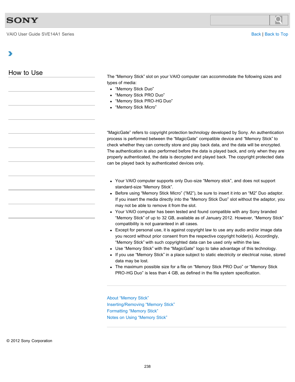 Compatible “memory stick, How to use | Sony SVE14A1HFXBC User Manual | Page 238 / 373