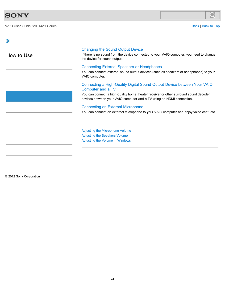 Audio, How to use | Sony SVE14A1HFXBC User Manual | Page 24 / 373