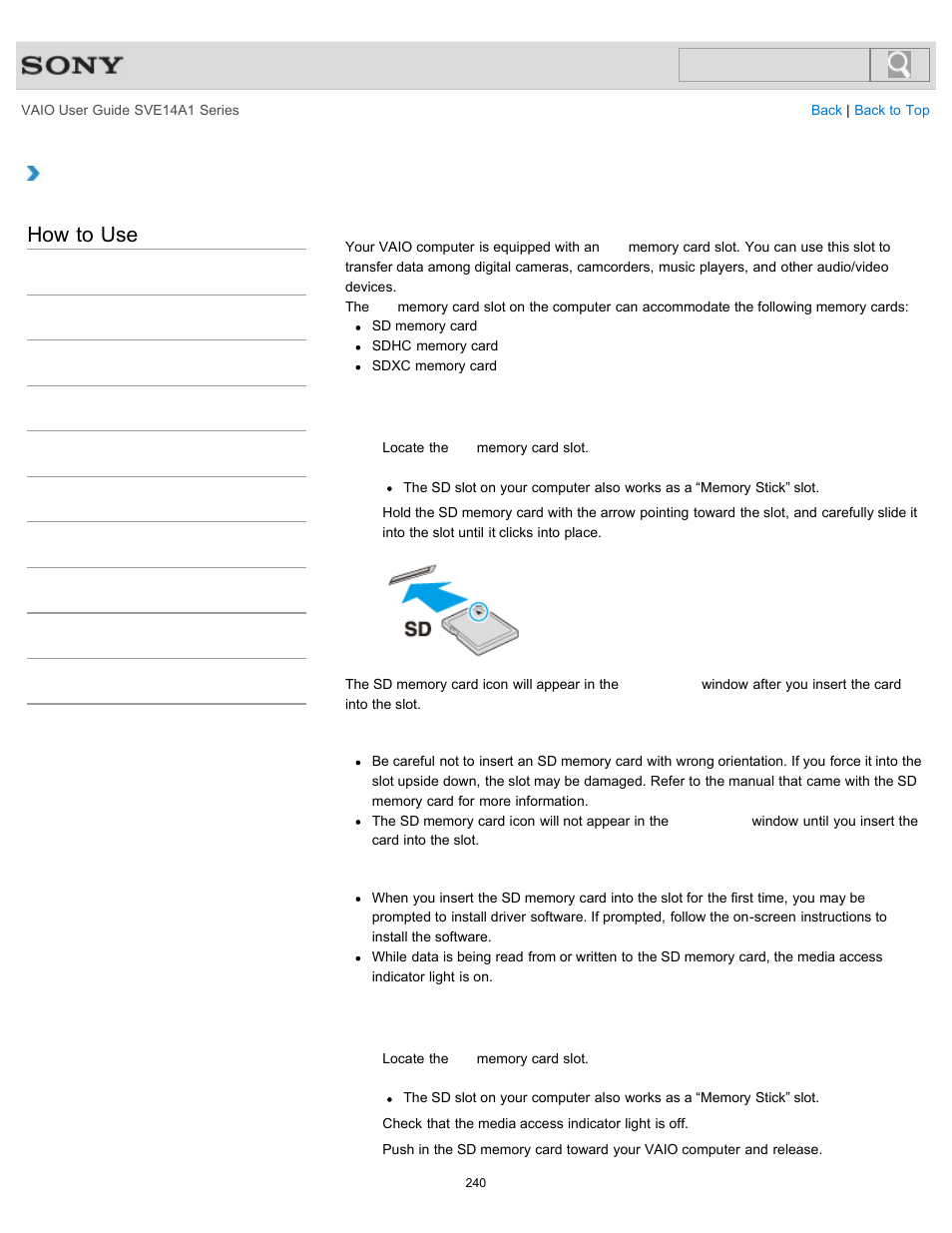 Inserting/removing sd memory cards, Details, How to use | Sony SVE14A1HFXBC User Manual | Page 240 / 373