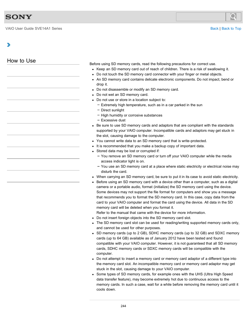 Notes on using sd memory cards, How to use | Sony SVE14A1HFXBC User Manual | Page 244 / 373