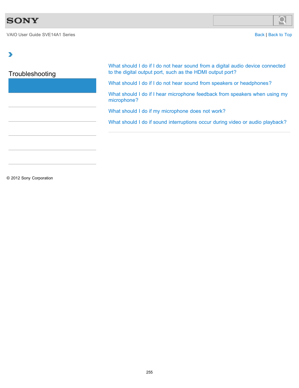 Audio, Troubleshooting | Sony SVE14A1HFXBC User Manual | Page 255 / 373