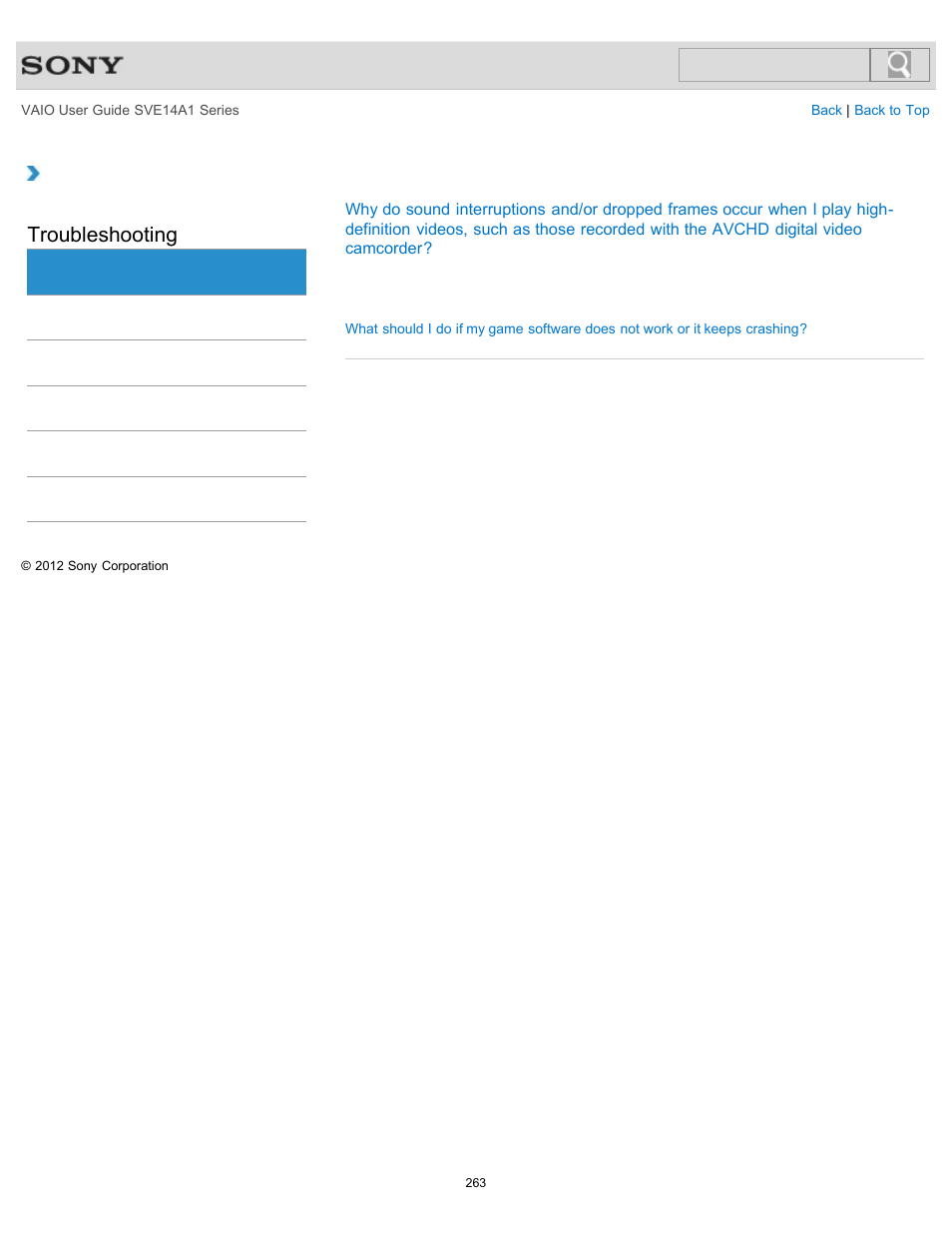 Software, Troubleshooting | Sony SVE14A1HFXBC User Manual | Page 263 / 373