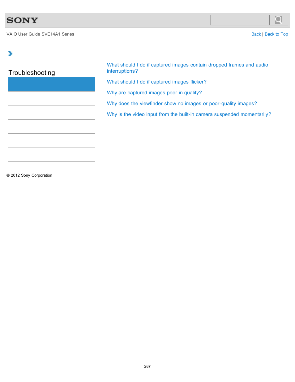 Camera, Troubleshooting | Sony SVE14A1HFXBC User Manual | Page 267 / 373