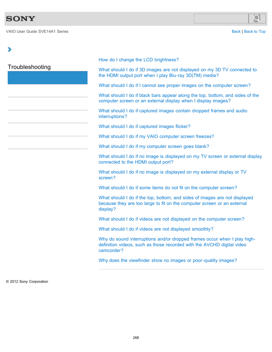 Display, Troubleshooting | Sony SVE14A1HFXBC User Manual | Page 268 / 373