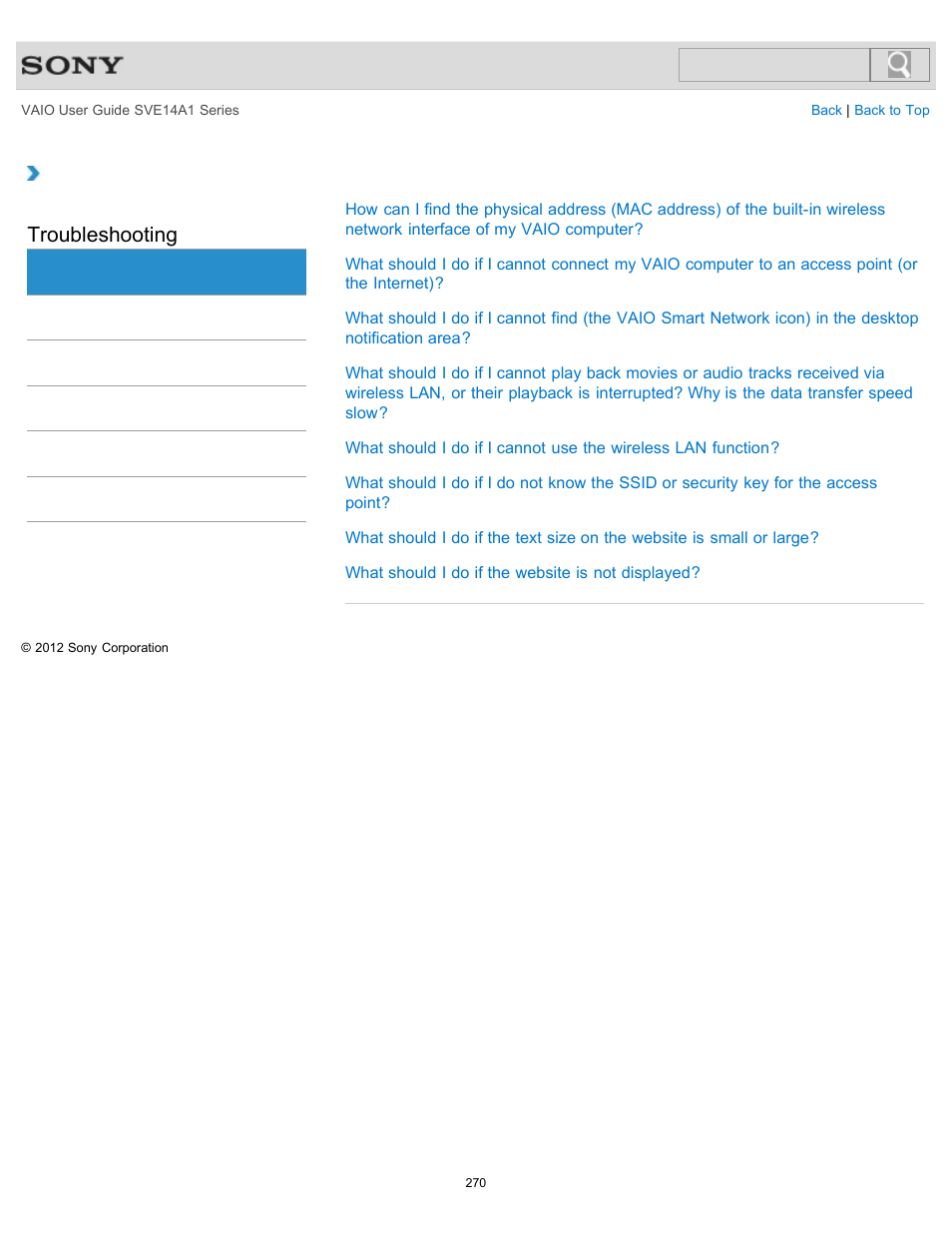 Troubleshooting | Sony SVE14A1HFXBC User Manual | Page 270 / 373