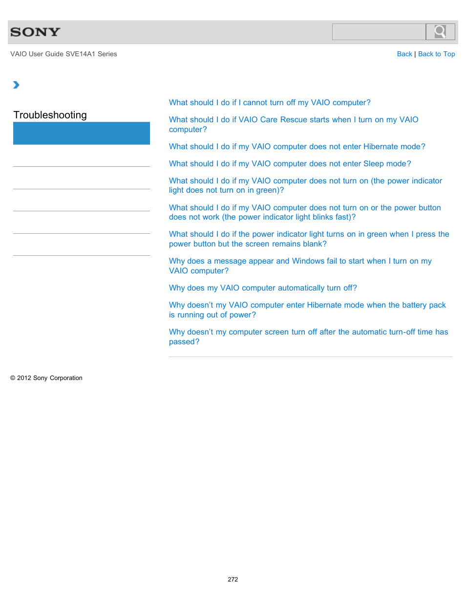 Power, Troubleshooting | Sony SVE14A1HFXBC User Manual | Page 272 / 373