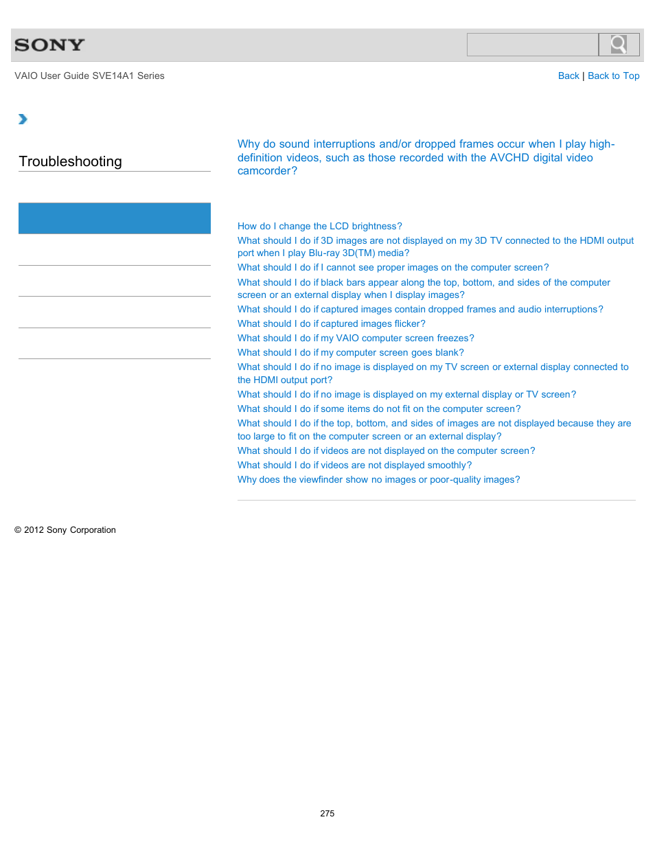 Display, Troubleshooting | Sony SVE14A1HFXBC User Manual | Page 275 / 373
