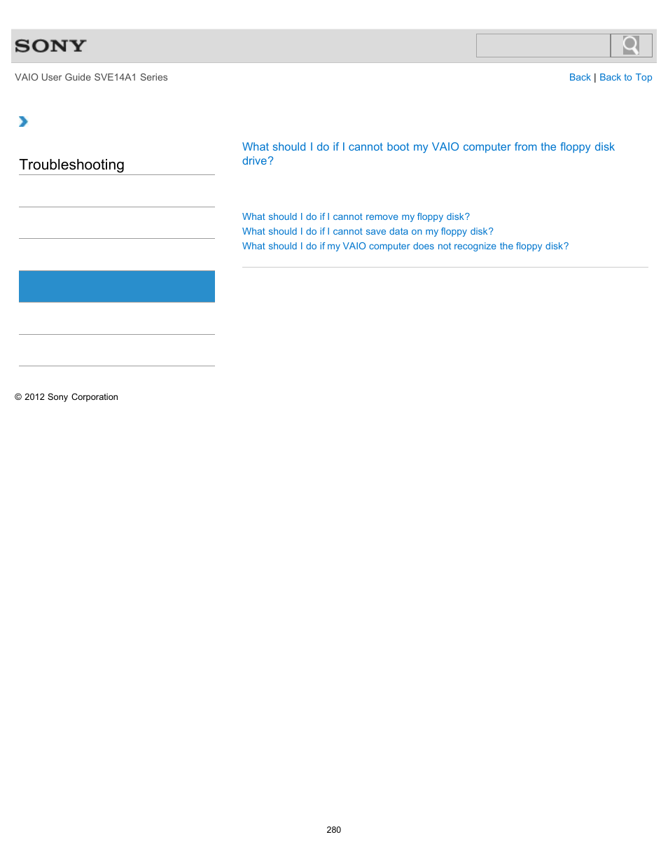 Floppy disk, Troubleshooting | Sony SVE14A1HFXBC User Manual | Page 280 / 373