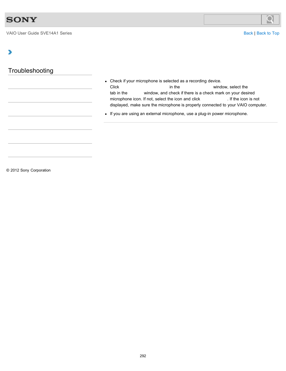 What should i do if my microphone does not work, Troubleshooting | Sony SVE14A1HFXBC User Manual | Page 292 / 373