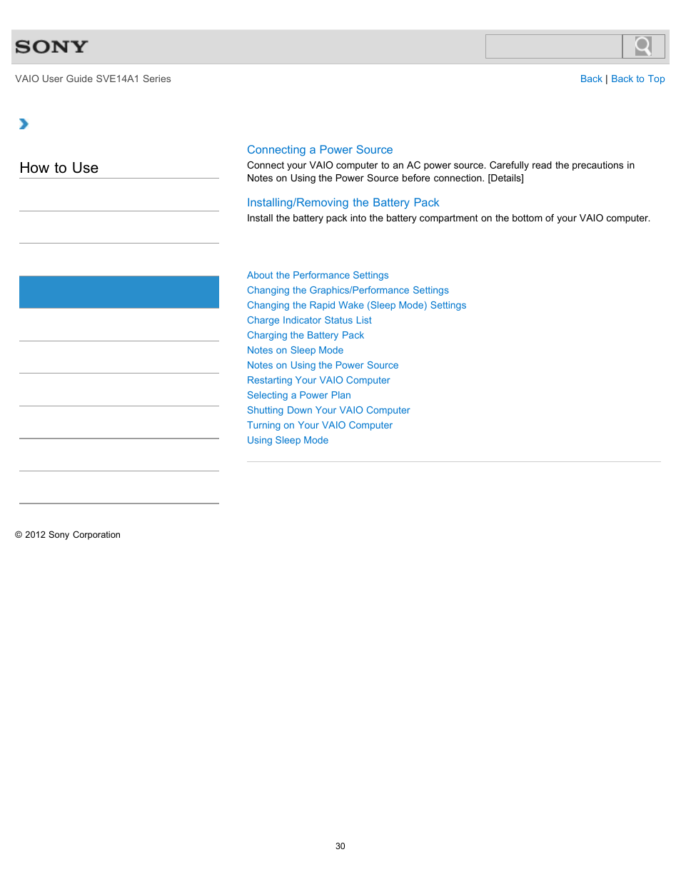 Power, How to use | Sony SVE14A1HFXBC User Manual | Page 30 / 373