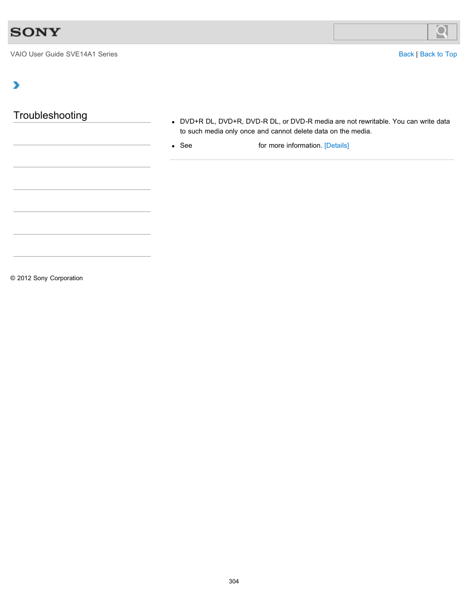 Why can’t i write data to a disc, Troubleshooting | Sony SVE14A1HFXBC User Manual | Page 304 / 373