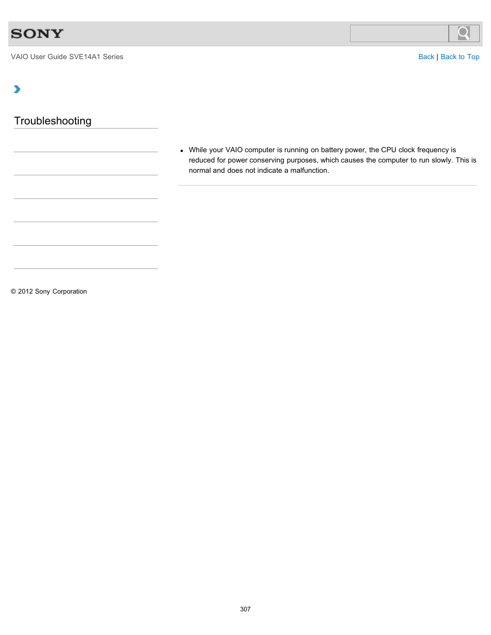 While the computer is running on battery power, Troubleshooting | Sony SVE14A1HFXBC User Manual | Page 307 / 373