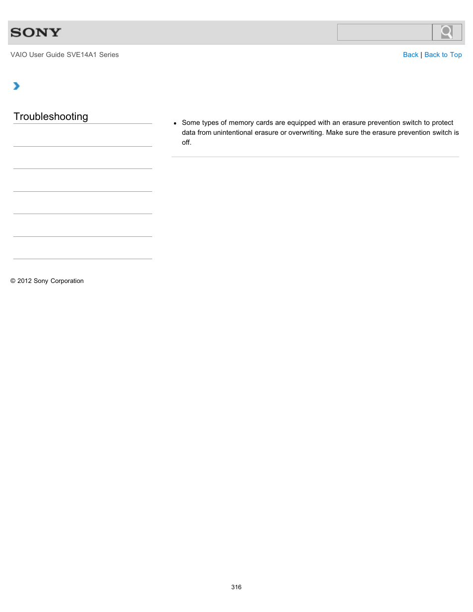 Why can’t i write data to a memory card, Troubleshooting | Sony SVE14A1HFXBC User Manual | Page 316 / 373