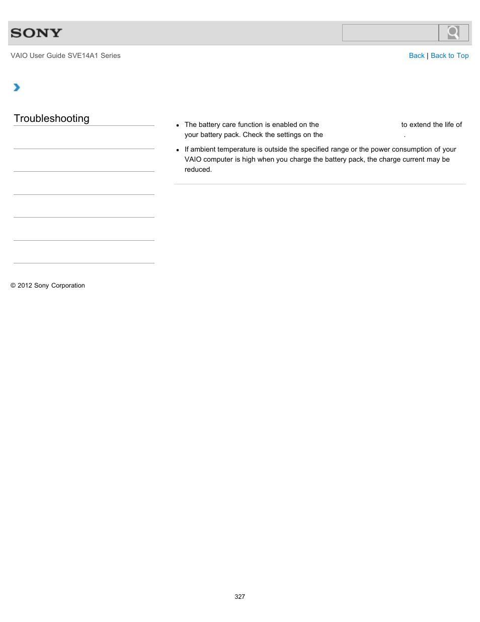 Why can’t i fully charge my battery pack, Troubleshooting | Sony SVE14A1HFXBC User Manual | Page 327 / 373