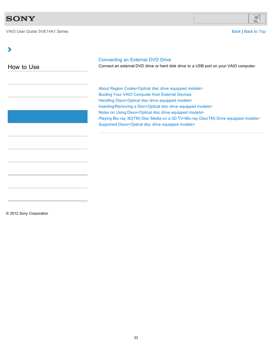 Cd/dvd/bd, How to use | Sony SVE14A1HFXBC User Manual | Page 33 / 373