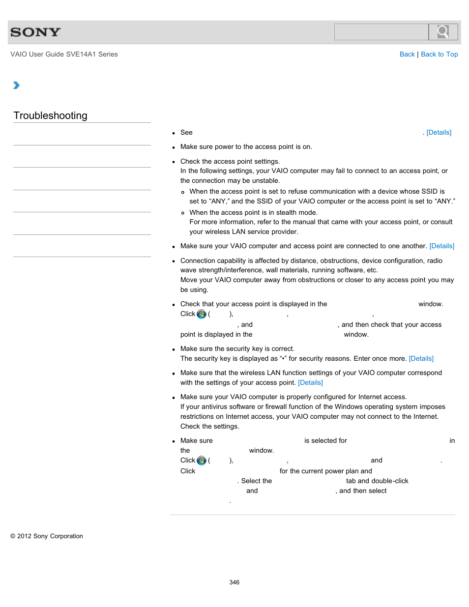 The internet), Troubleshooting | Sony SVE14A1HFXBC User Manual | Page 346 / 373