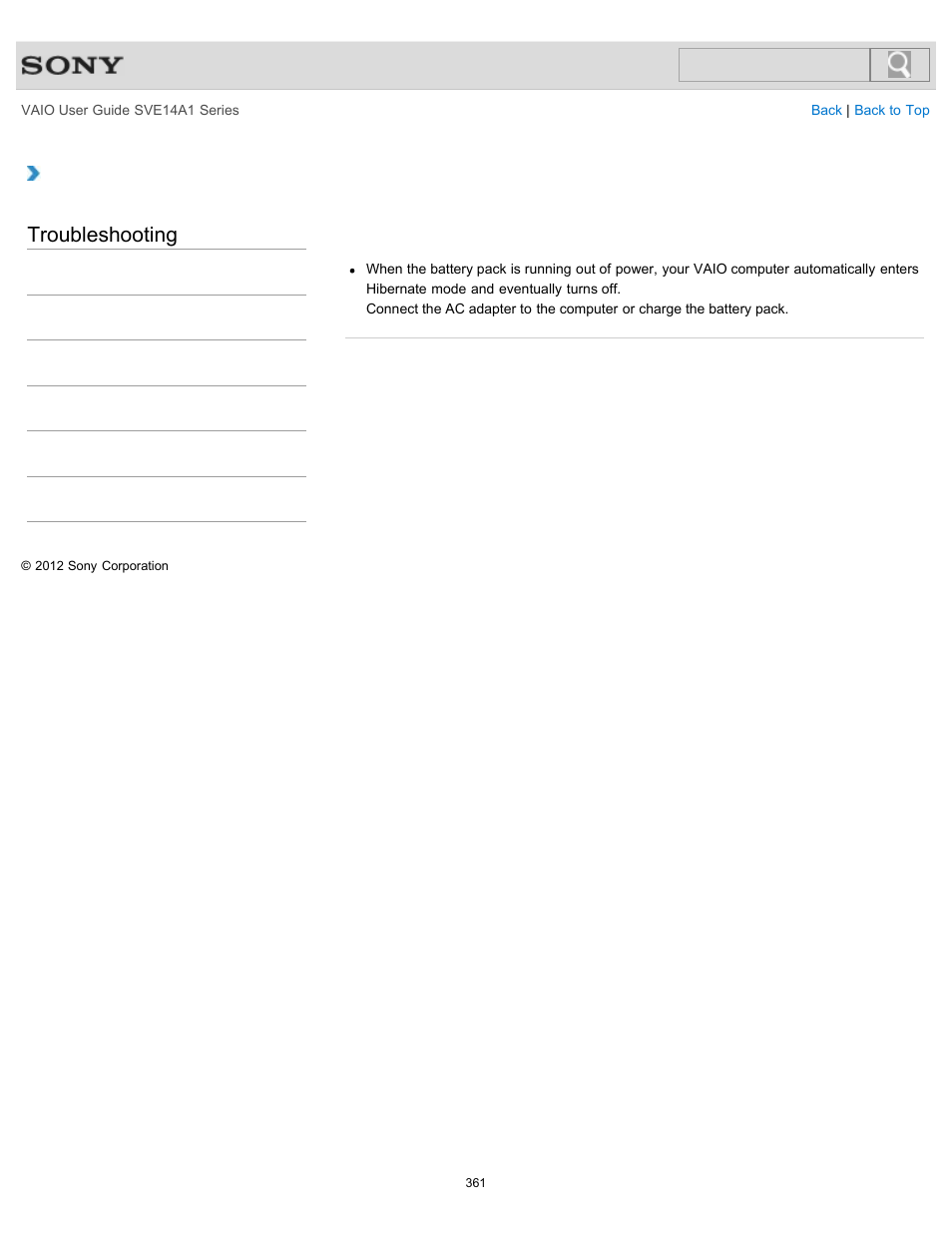 Why does my vaio computer automatically turn off, Troubleshooting | Sony SVE14A1HFXBC User Manual | Page 361 / 373