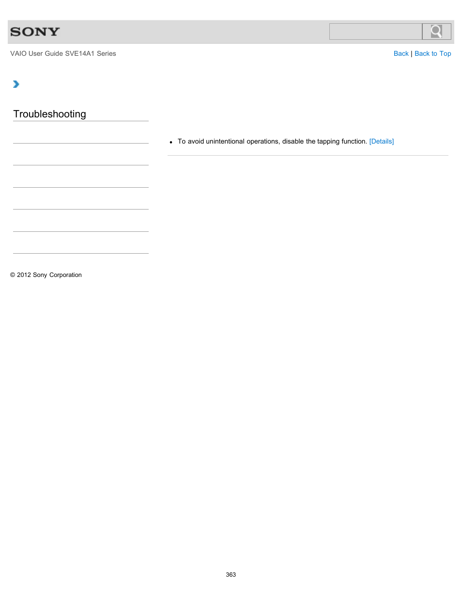 Light touch on the touch pad, Troubleshooting | Sony SVE14A1HFXBC User Manual | Page 363 / 373