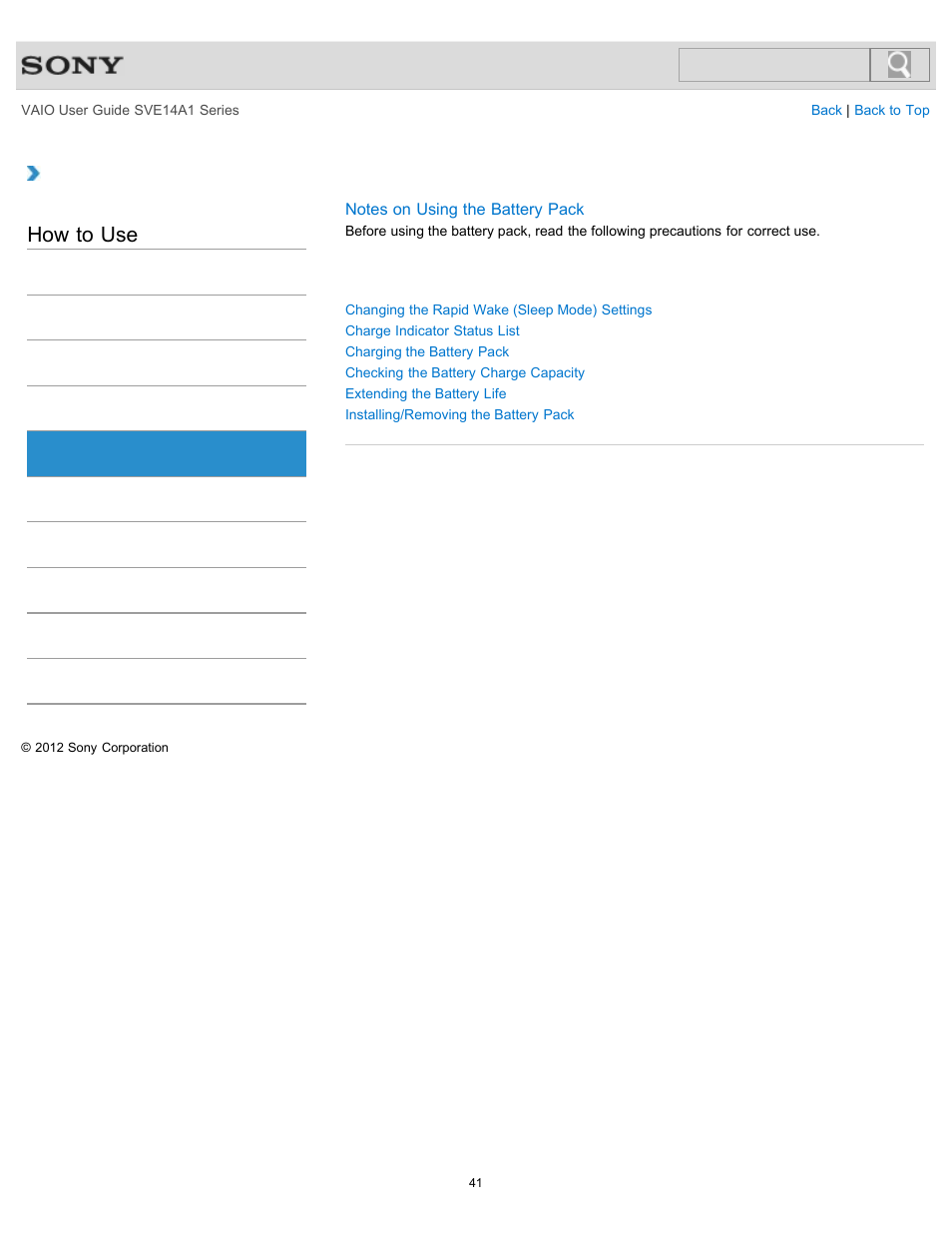 Battery, How to use | Sony SVE14A1HFXBC User Manual | Page 41 / 373