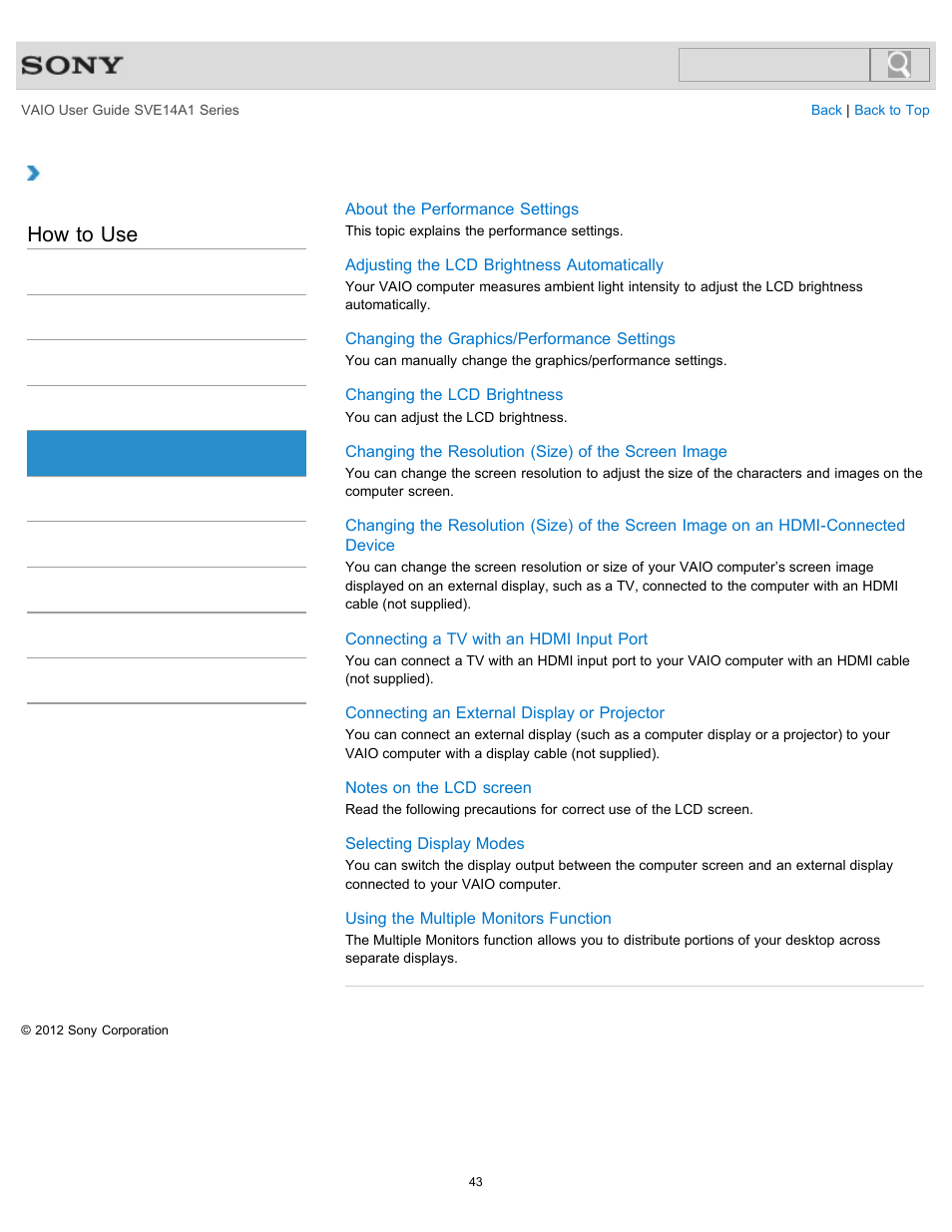 Display, How to use | Sony SVE14A1HFXBC User Manual | Page 43 / 373