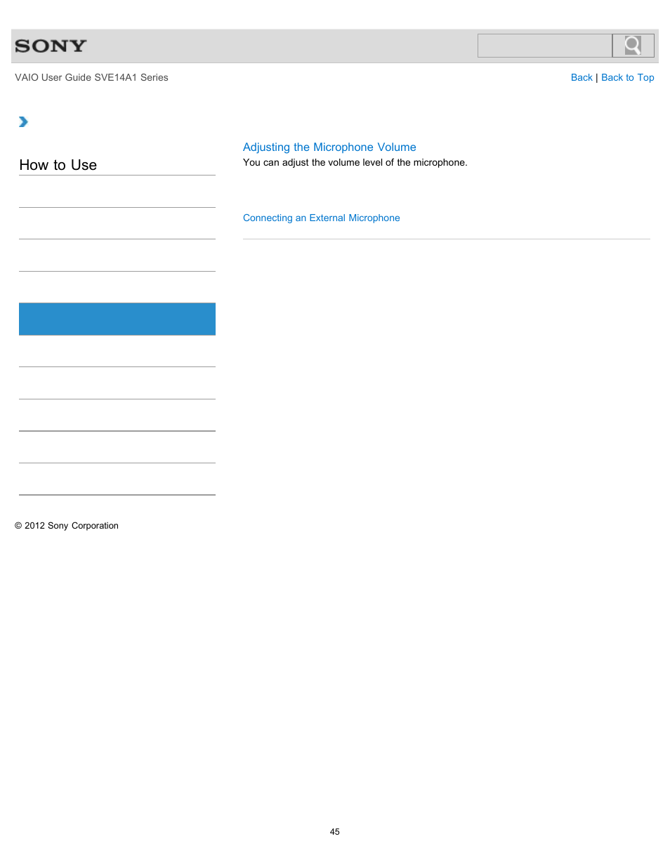 Microphone, How to use | Sony SVE14A1HFXBC User Manual | Page 45 / 373