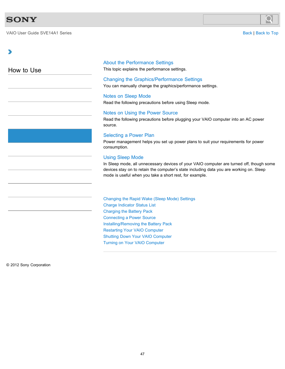 Power, How to use | Sony SVE14A1HFXBC User Manual | Page 47 / 373