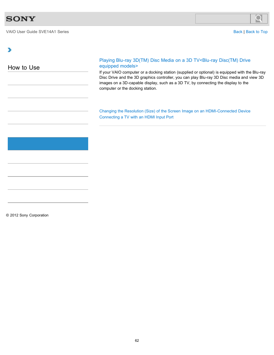 Hdmi, How to use | Sony SVE14A1HFXBC User Manual | Page 62 / 373