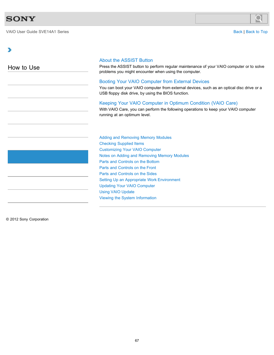 Vaio computer, How to use | Sony SVE14A1HFXBC User Manual | Page 67 / 373