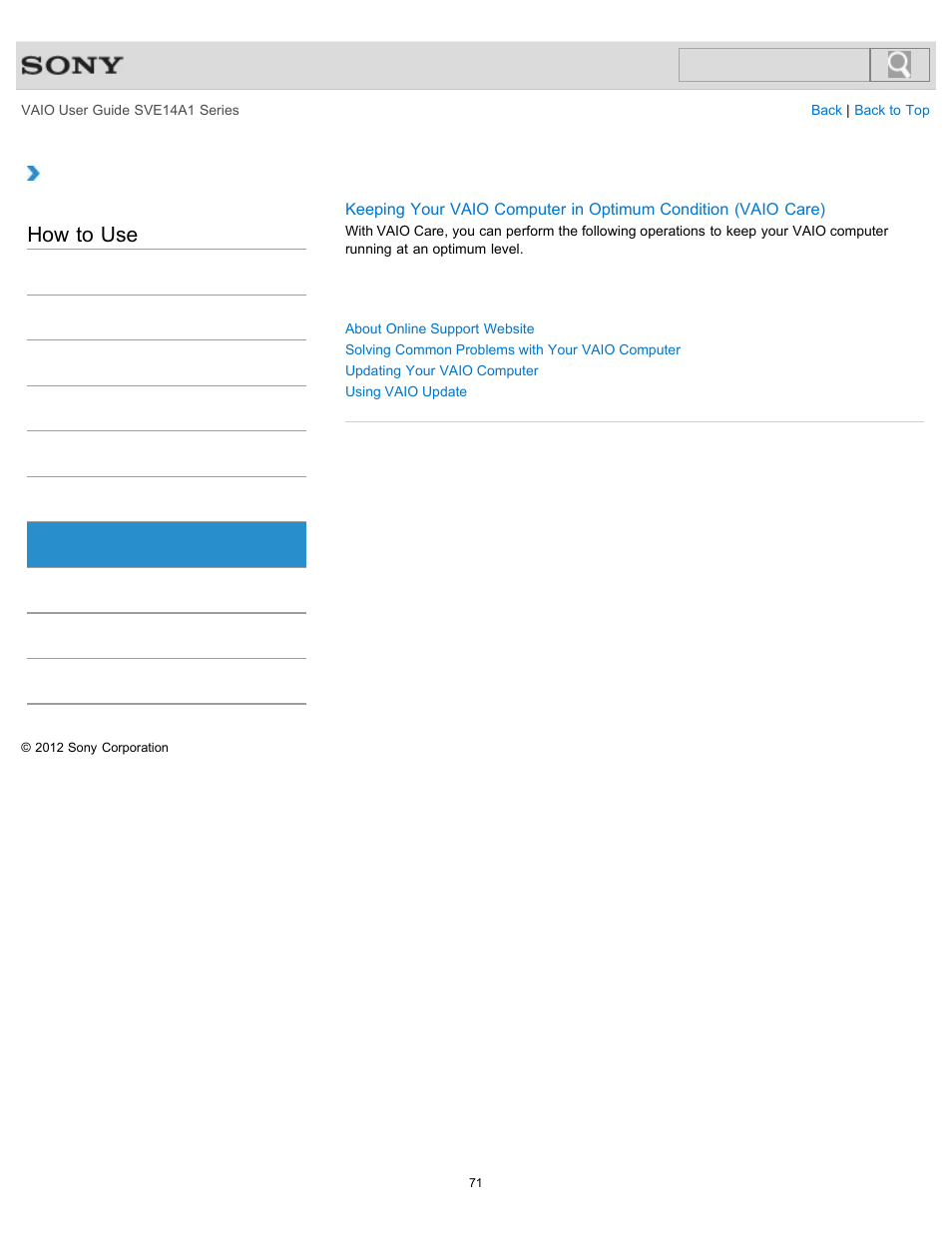 Service and support, How to use | Sony SVE14A1HFXBC User Manual | Page 71 / 373