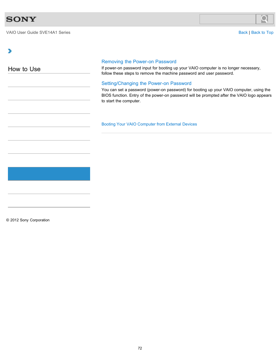 Bios, How to use | Sony SVE14A1HFXBC User Manual | Page 72 / 373