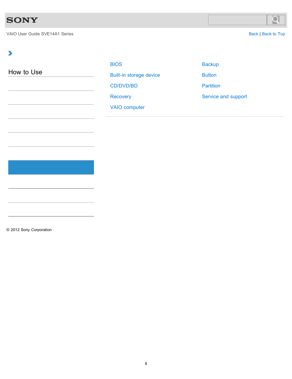 Backup / recovery, How to use | Sony SVE14A1HFXBC User Manual | Page 8 / 373