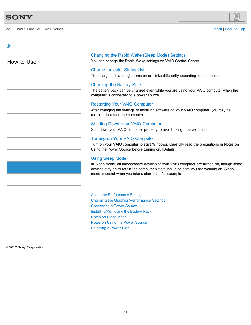 Power, How to use | Sony SVE14A1HFXBC User Manual | Page 81 / 373