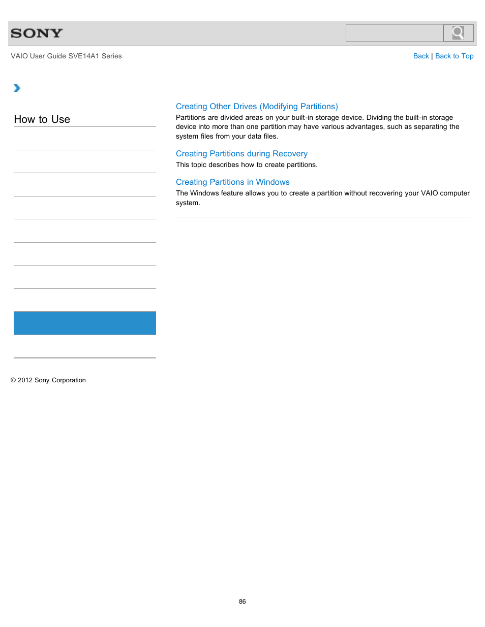 Partition, How to use | Sony SVE14A1HFXBC User Manual | Page 86 / 373